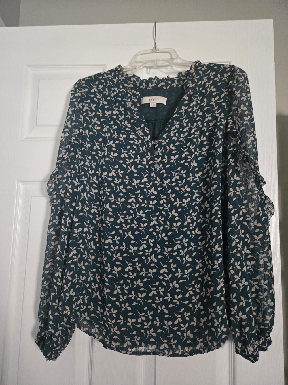 LOFT Teal Leaf-Print Long Sleeve Blouse